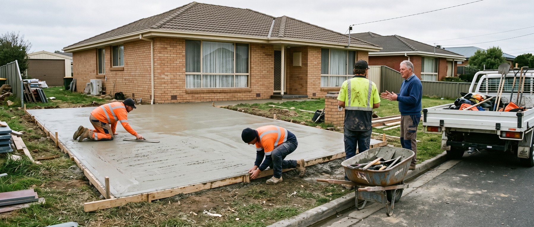 A concreting crew finishing a driveway in Launceston