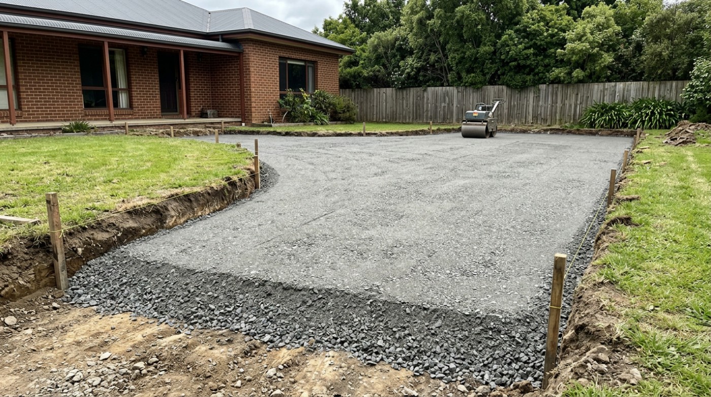 A compacted crushed rock base rolled flat and ready for asphalt