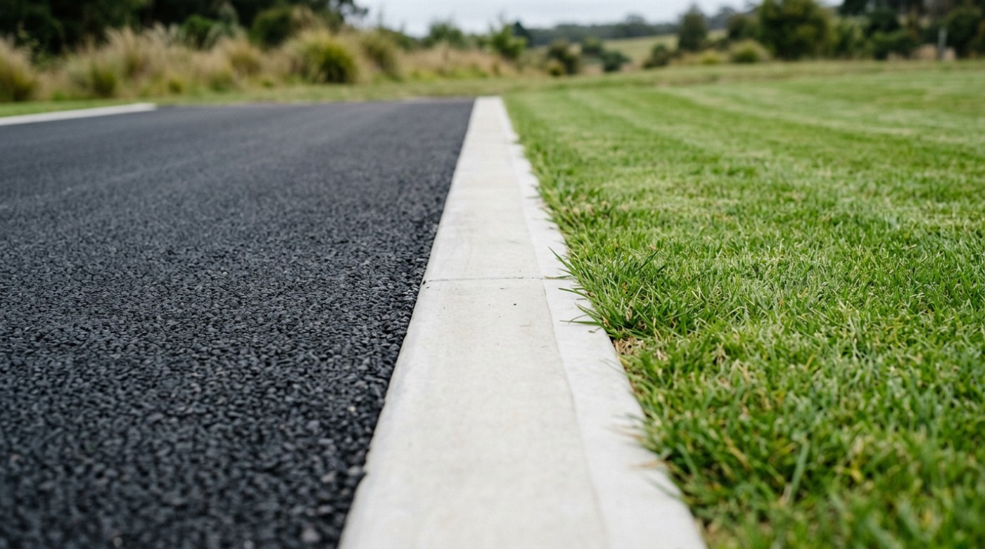 A concrete edging strip holding the edge of an asphalt driveway