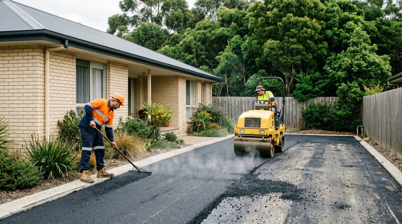 Hot asphalt being spread and rolled on a residential driveway
