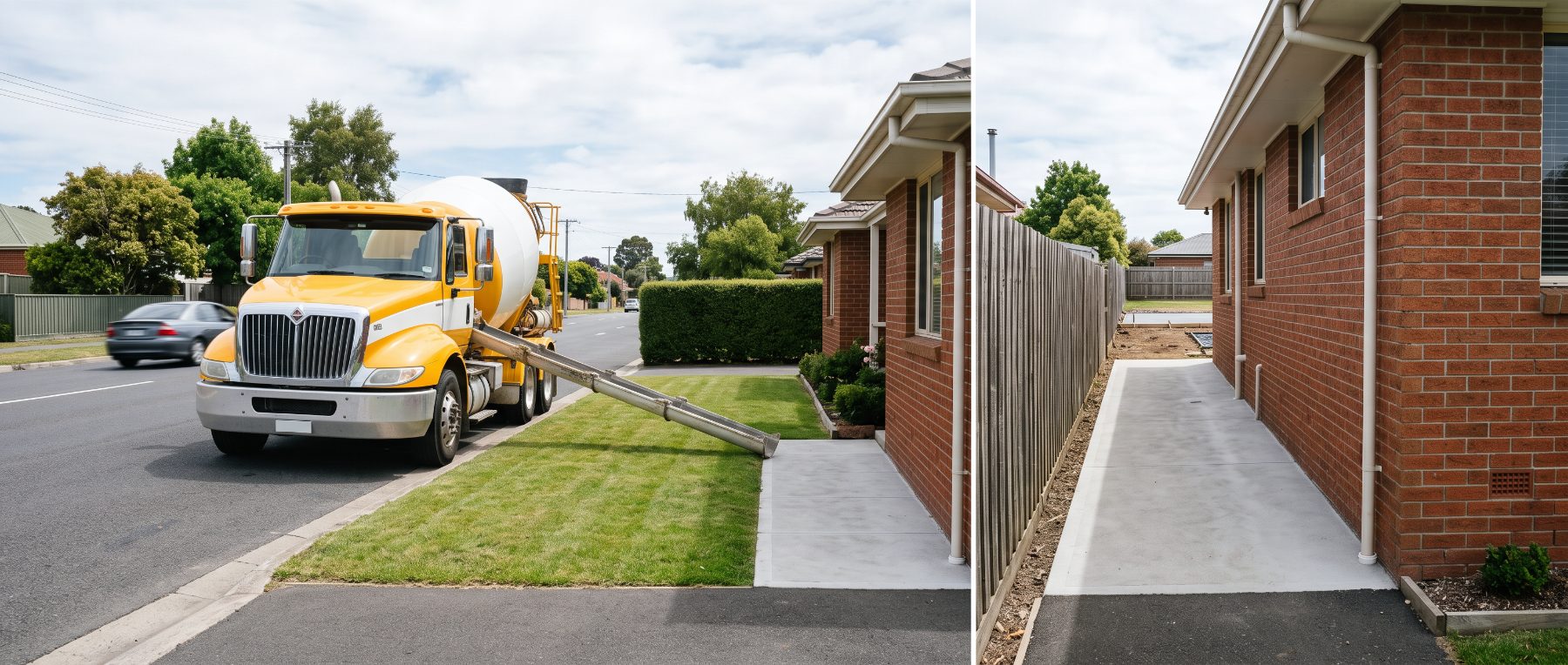 A concrete truck at the kerb with its chute out, and the back yard well beyond its reach