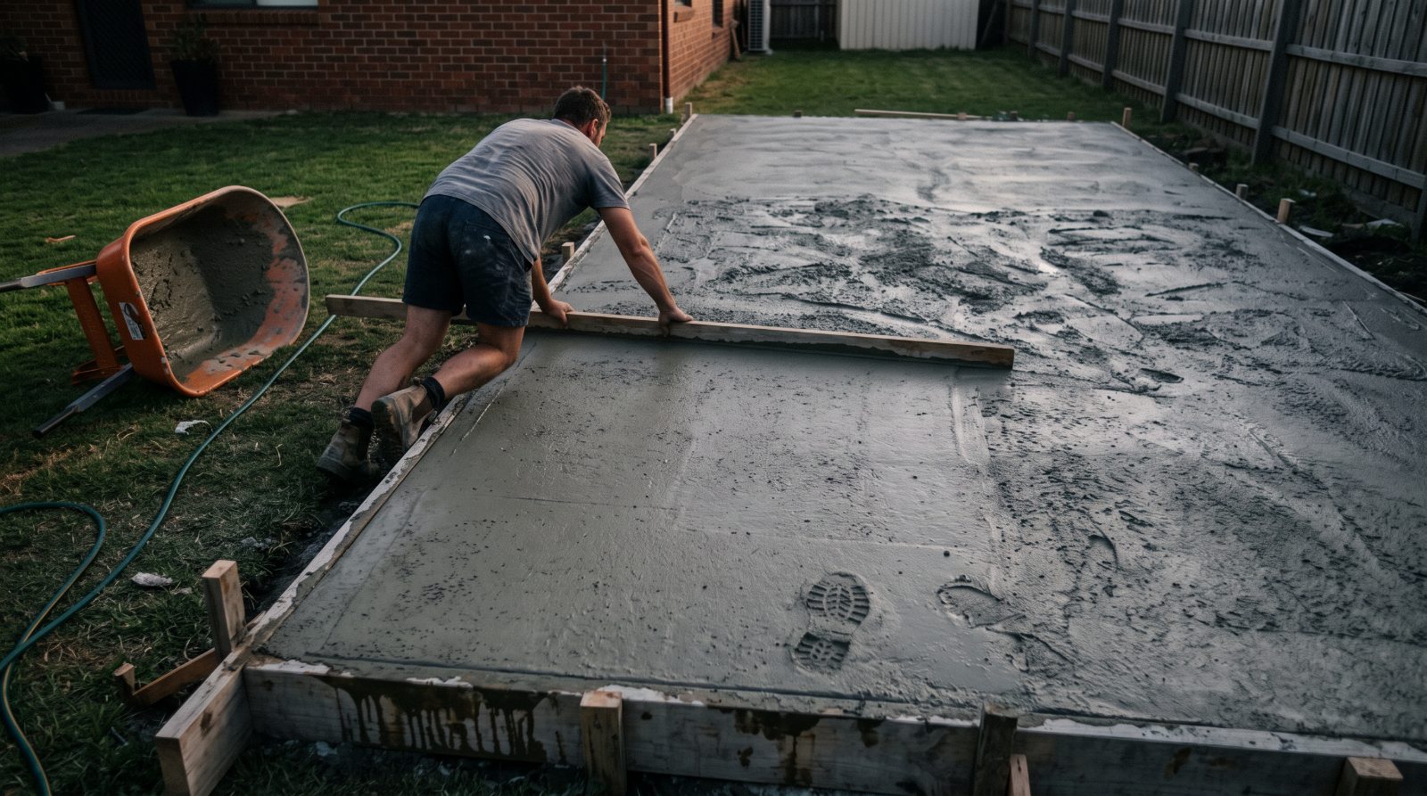 One person alone screeding a backyard slab that is going off faster than they can finish it