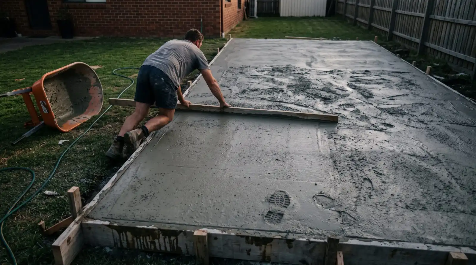 One person alone screeding a backyard slab that is going off faster than they can finish it