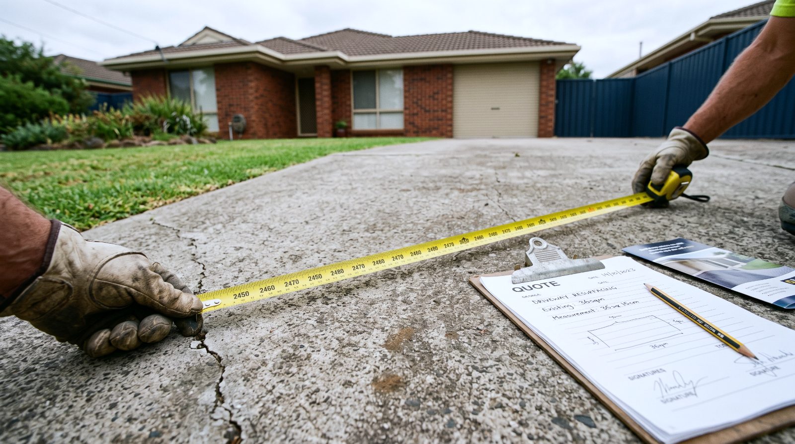 A concreter measuring an existing driveway with a tape and a quote sheet on the slab