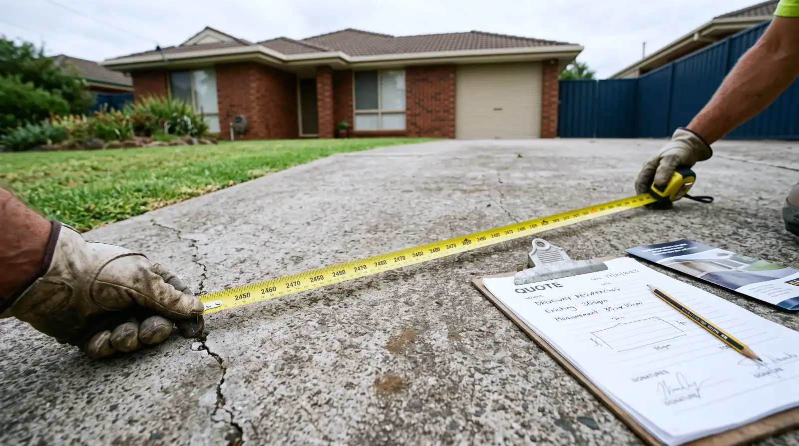 A concreter measuring an existing driveway with a tape and a quote sheet on the slab