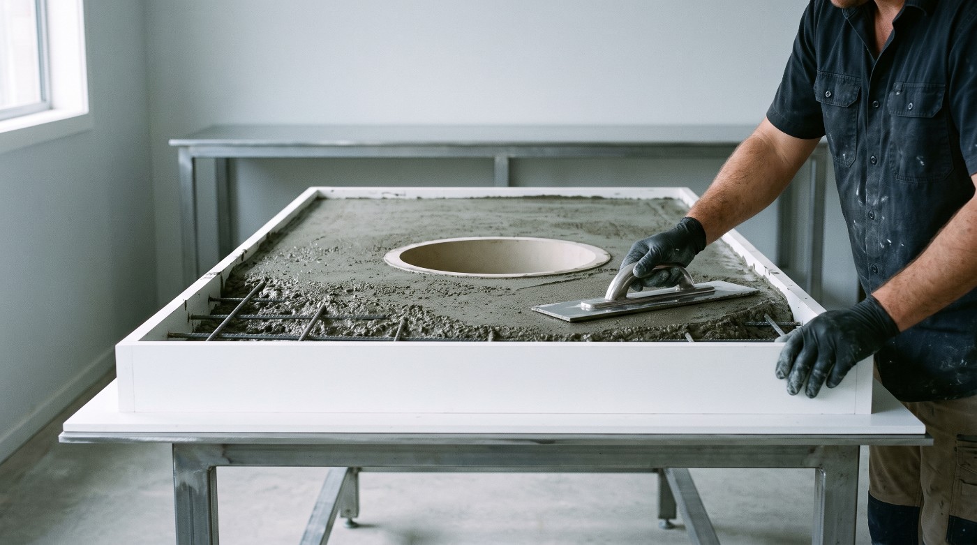 A concrete benchtop being cast flat in a workshop mould