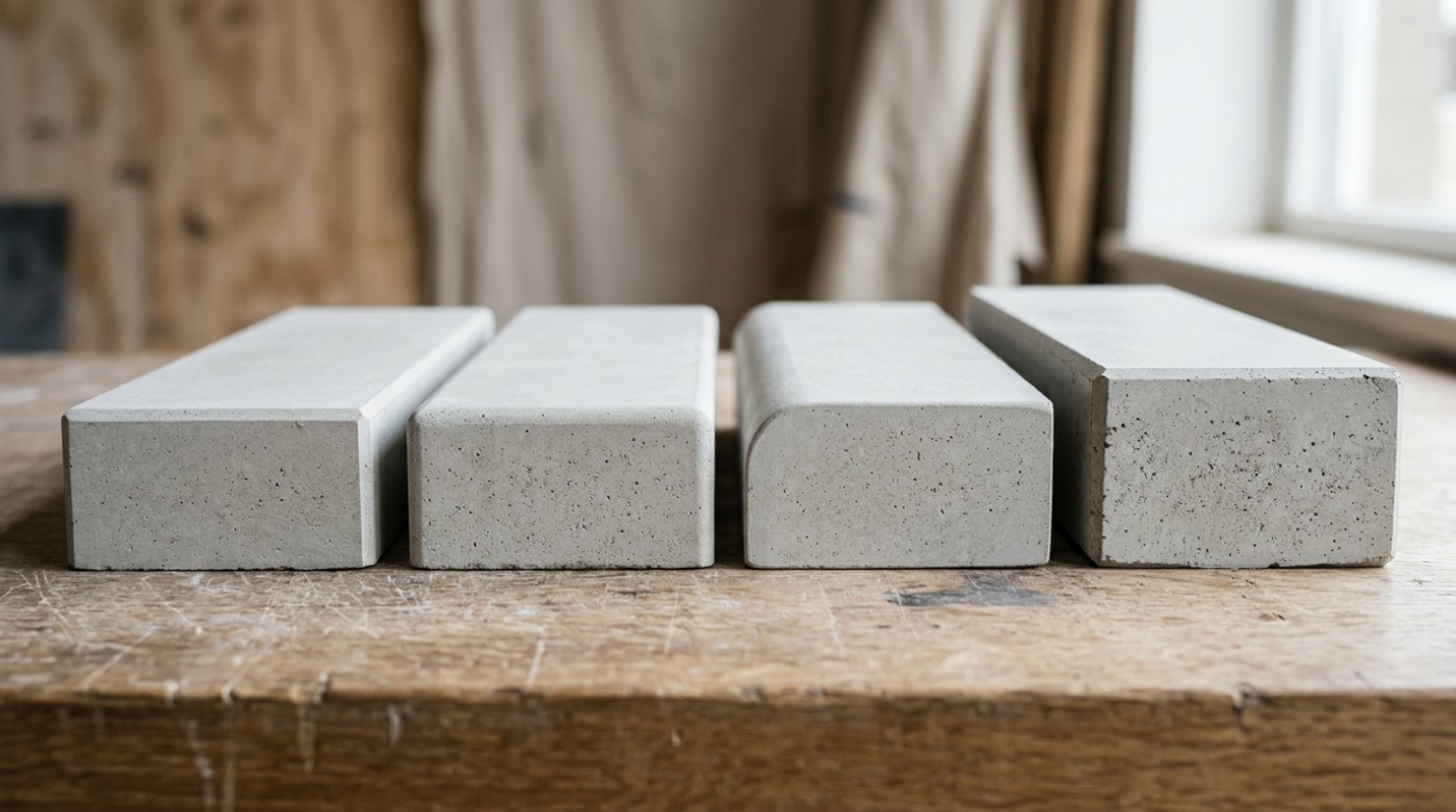 Four concrete benchtop edge profiles shown side by side