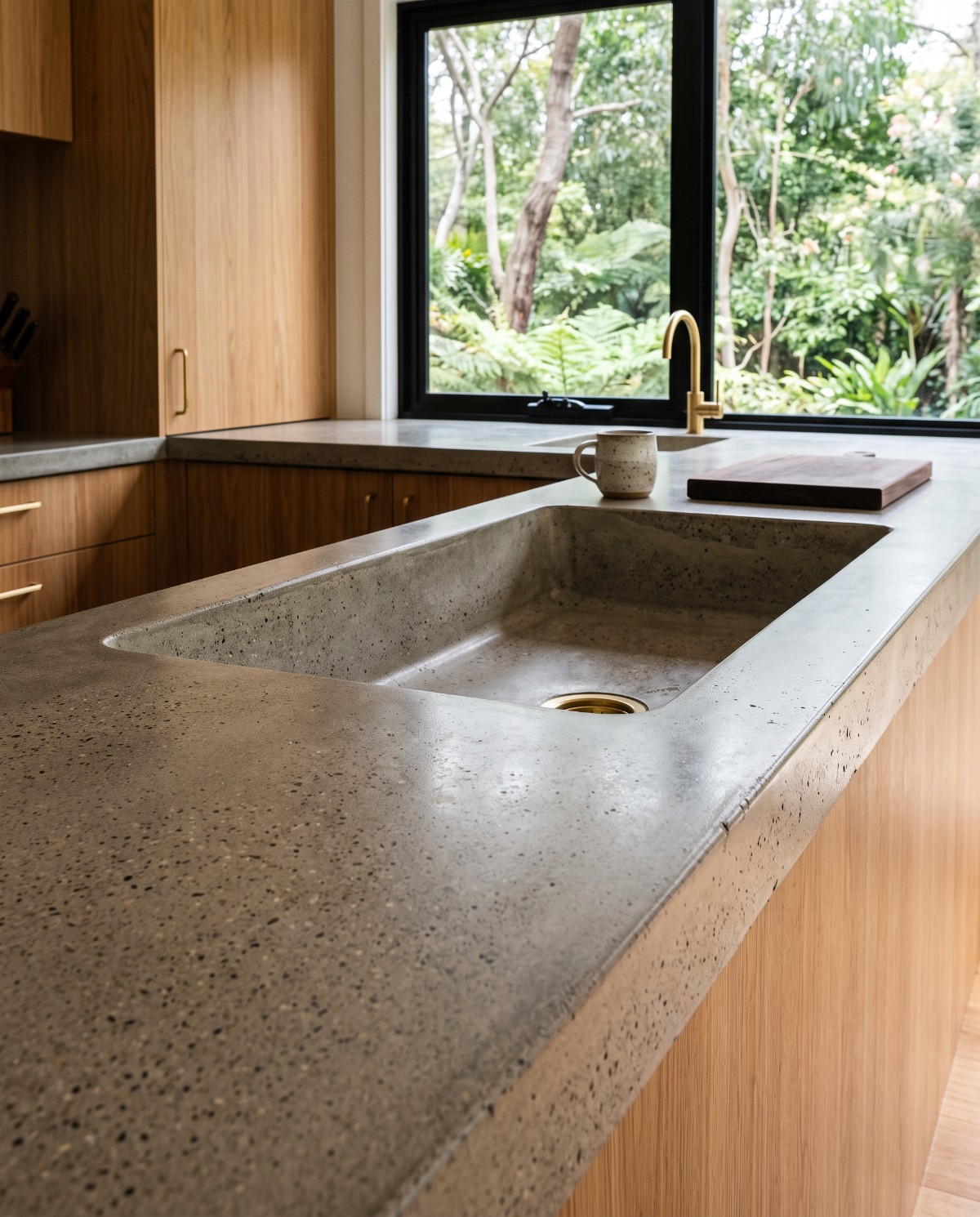 A custom concrete kitchen benchtop with an integrated sink in a Launceston home