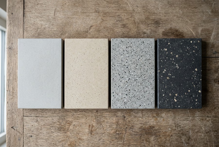 Four concrete benchtop colour and exposure samples
