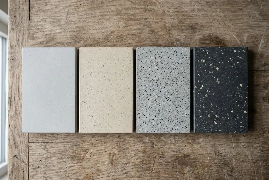 Four concrete benchtop colour and exposure samples