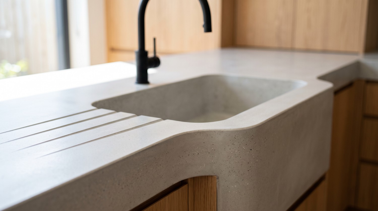 A concrete benchtop with a sink moulded into it as one piece