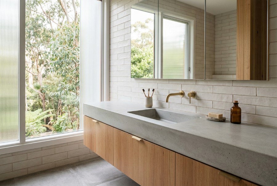 Bathroom vanities, a custom concrete benchtop in Launceston