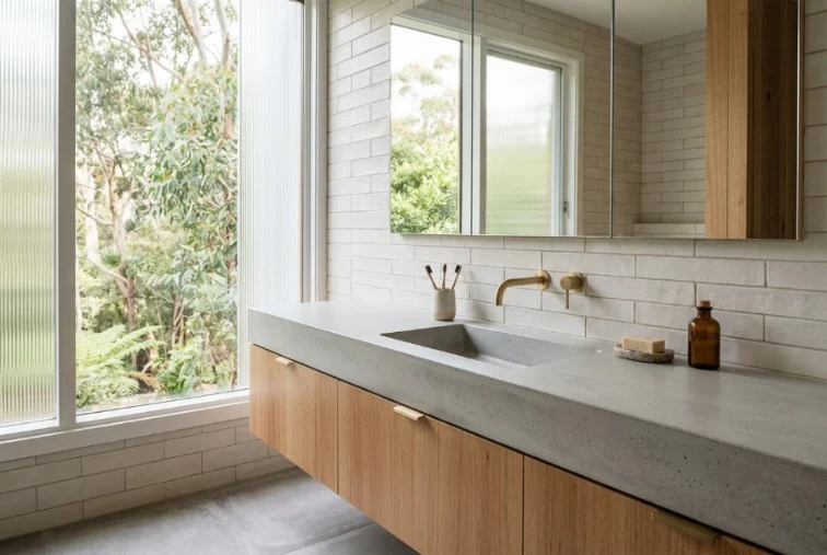 Bathroom vanities, a custom concrete benchtop in Launceston