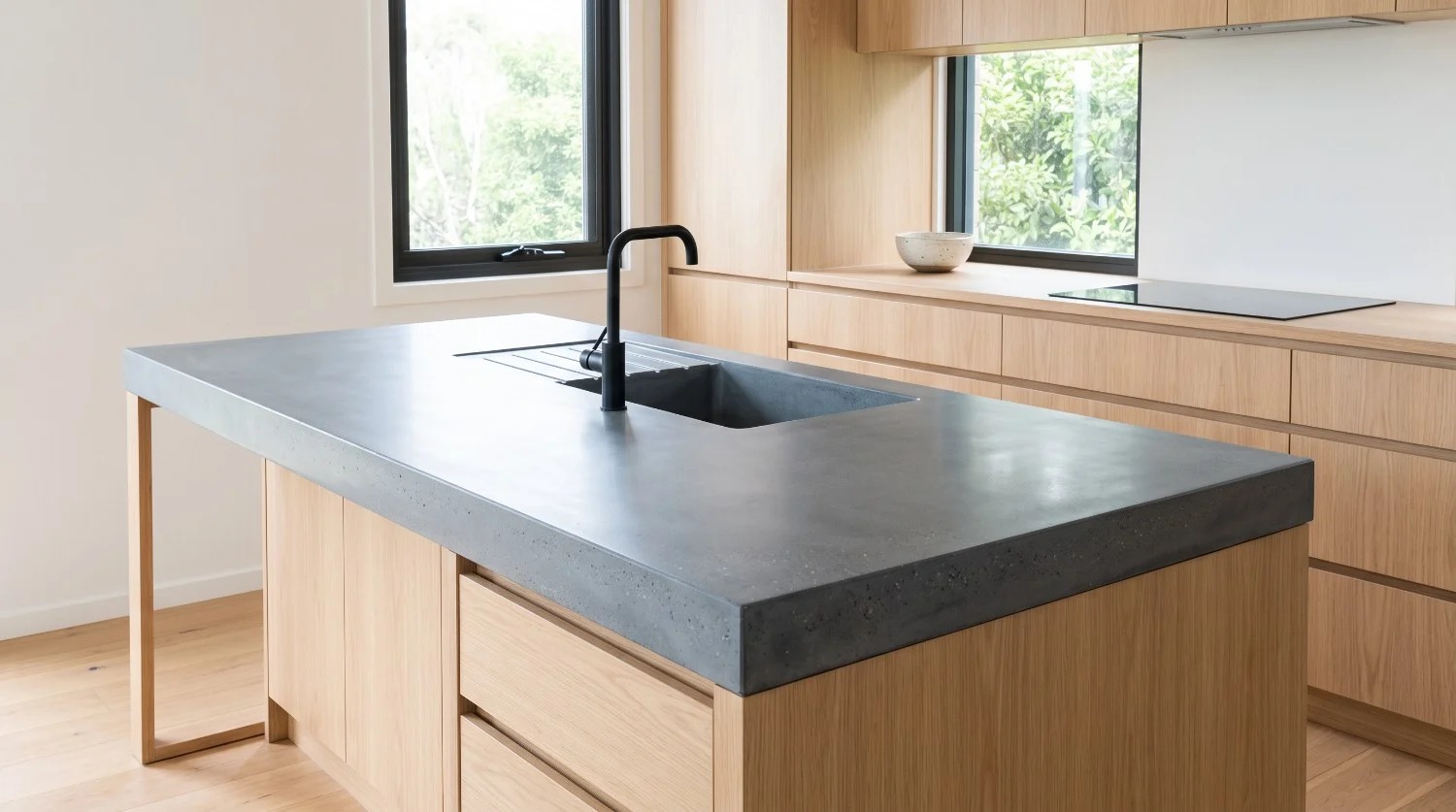 Honed pewter concrete island with the sink and drainer cast as part of the top