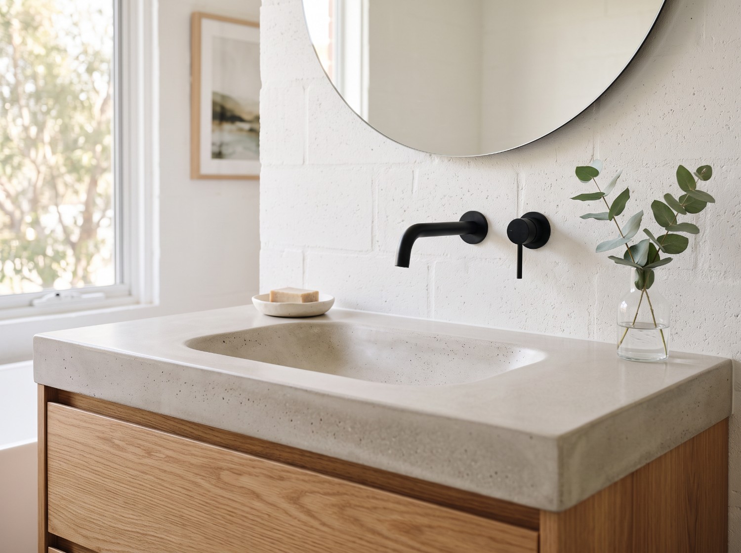 Oyster grey vanity with the basin moulded in, no join anywhere, a custom concrete benchtop in Launceston