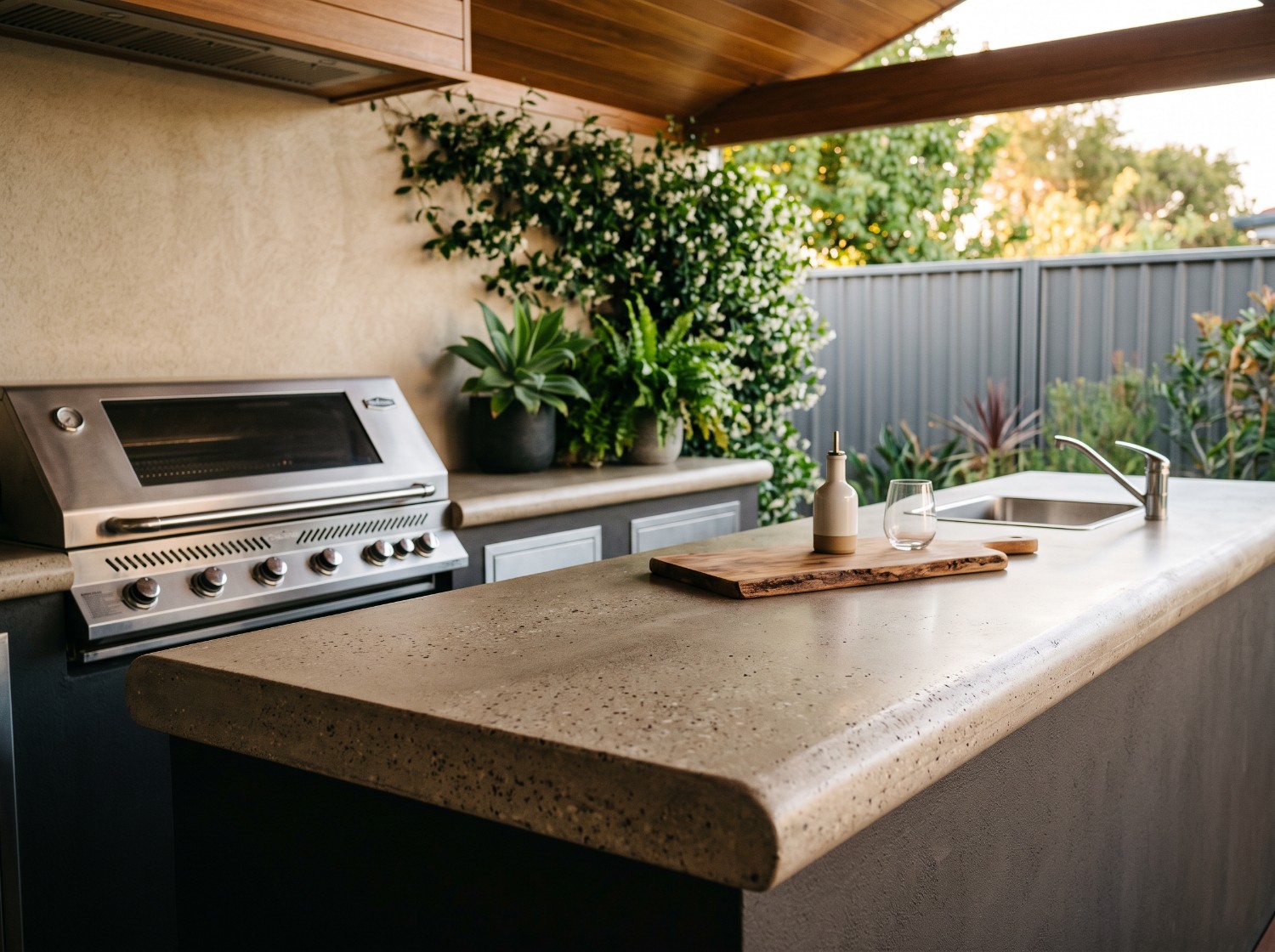 Greige with a bullnosed edge, outdoors beside the barbecue, a custom concrete benchtop in Launceston