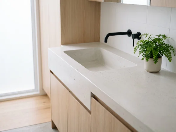 Chalk white laundry top with a deep trough moulded into it, a custom concrete benchtop in Launceston