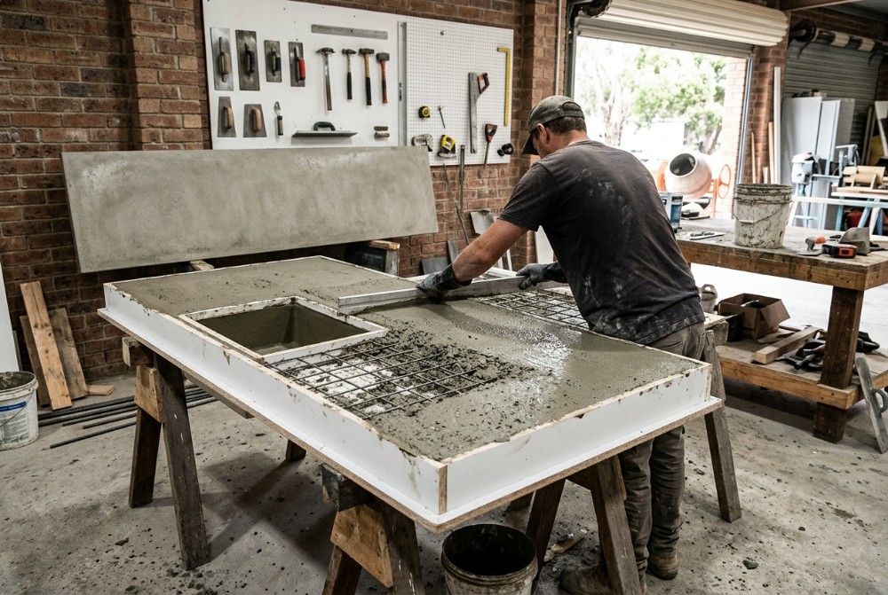 How it is made, a custom concrete benchtop in Launceston
