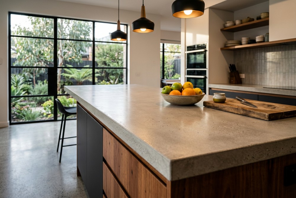 Kitchen benchtops, a custom concrete benchtop in Launceston