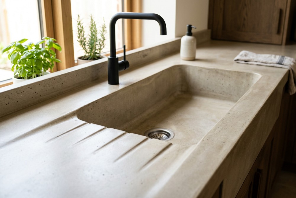 Integrated sinks, a custom concrete benchtop in Launceston