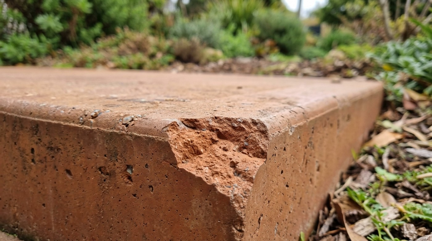A chipped edge of terracotta coloured concrete showing the colour runs right through