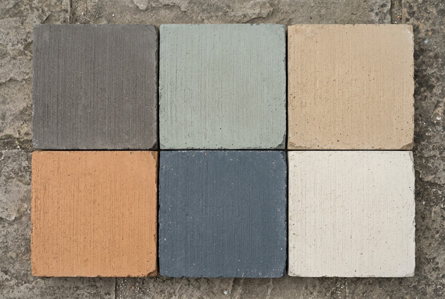 Six oxide coloured concrete samples laid out together