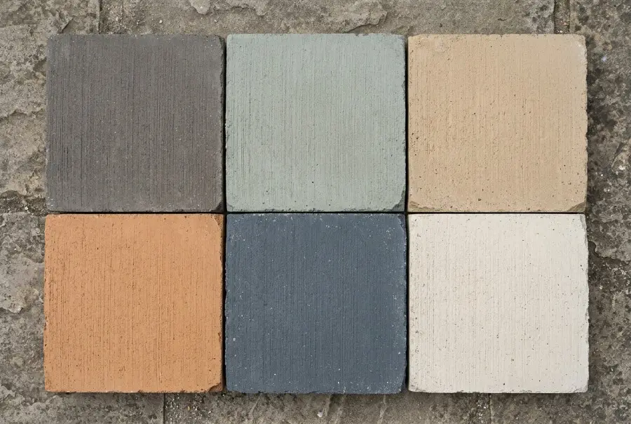Six oxide coloured concrete samples laid out together