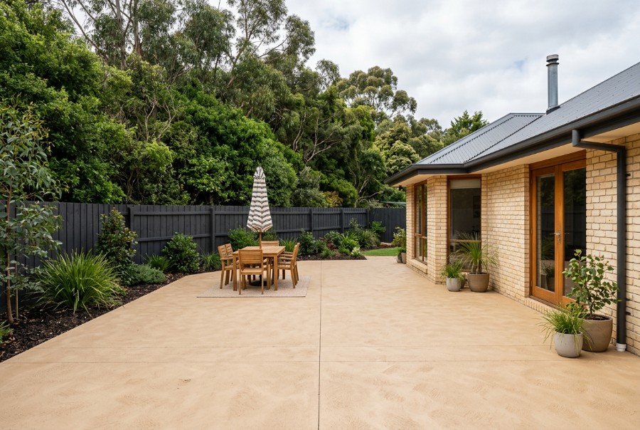 A sandstone coloured concrete patio matching the brickwork of the house