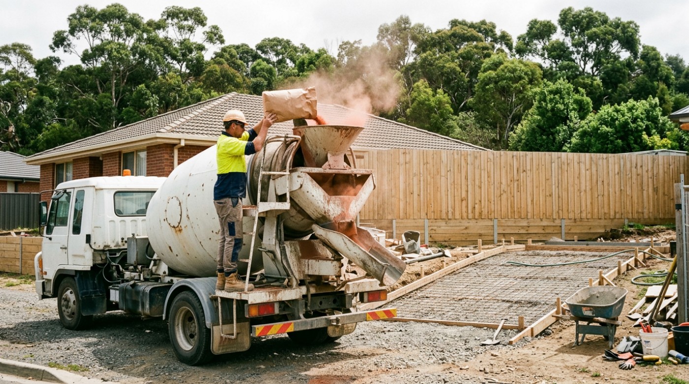 Oxide pigment being added to a concrete truck before a pour