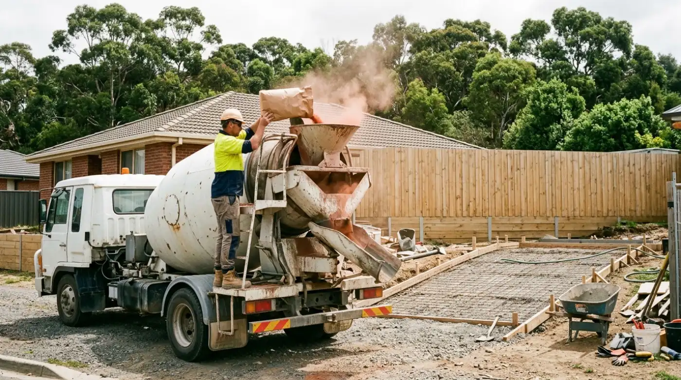Oxide pigment being added to a concrete truck before a pour