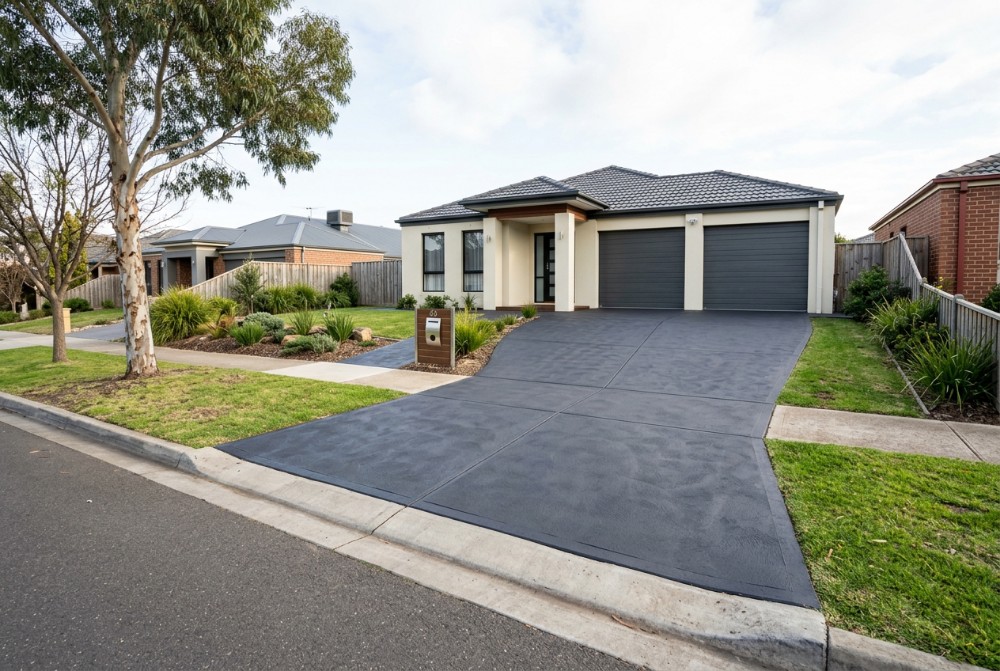 Charcoal, on a driveway, coloured concrete in Launceston