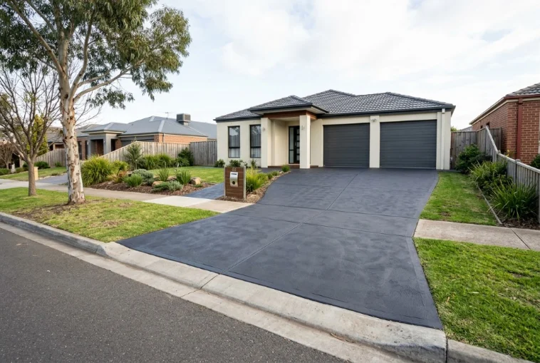Charcoal, on a driveway, coloured concrete in Launceston