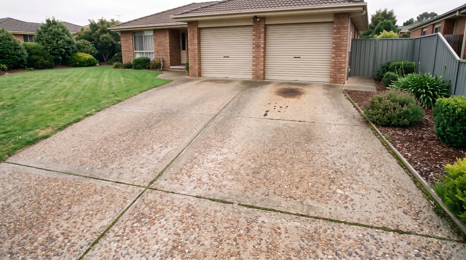 The same driveway before the clean, grimed over with moss in the joints