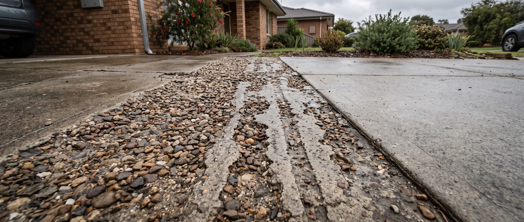 Concrete with the surface eroded in stripes by excessive pressure washing