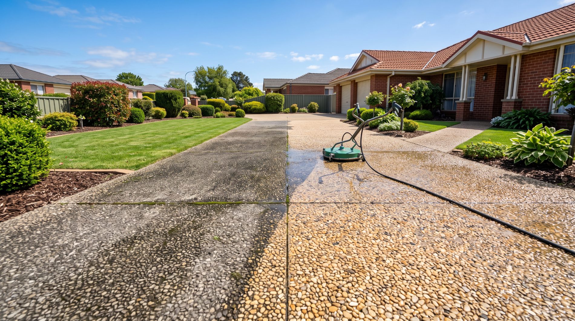 A concrete driveway being pressure washed clean in Launceston