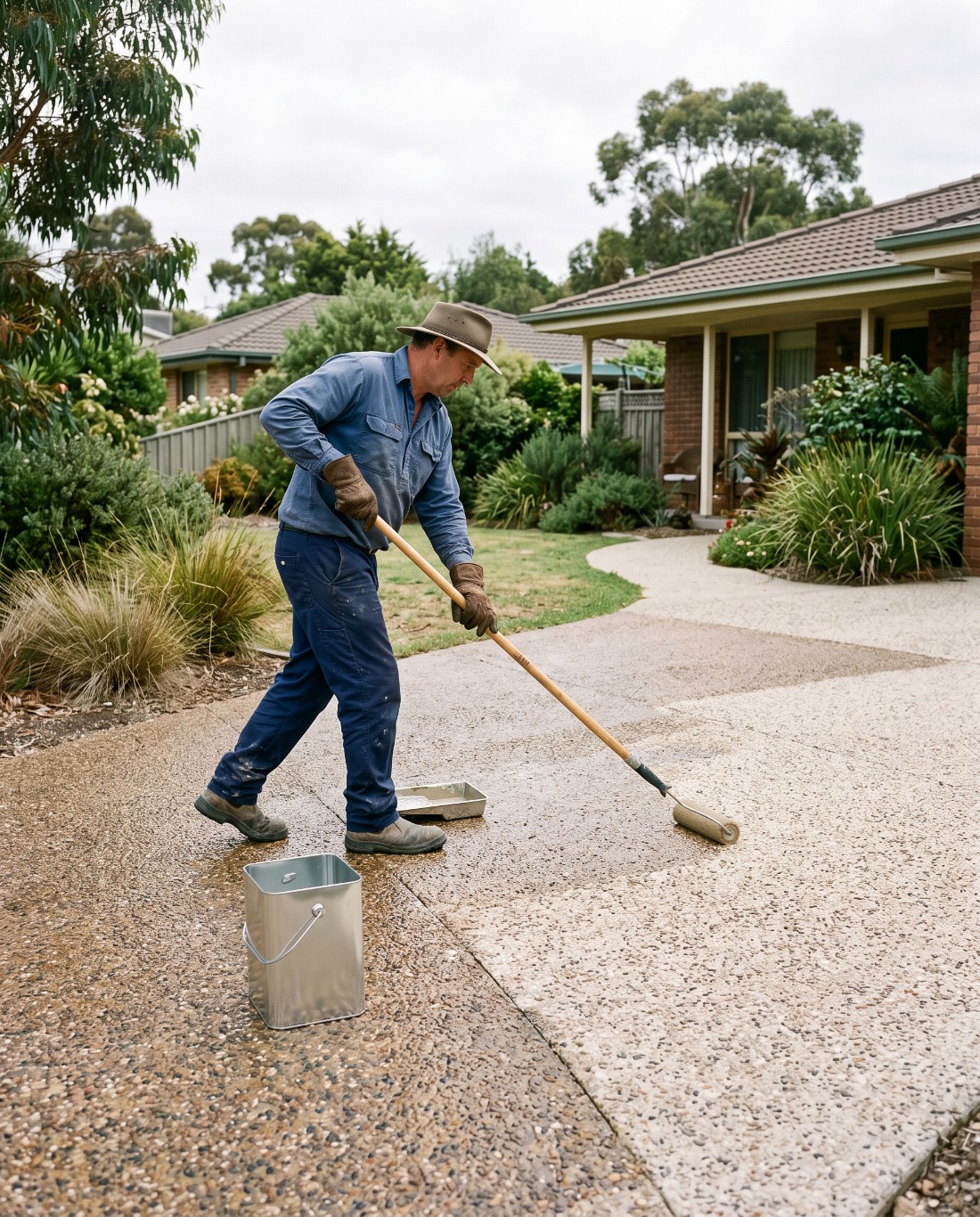 Clear sealer being rolled onto a clean exposed aggregate driveway in Launceston