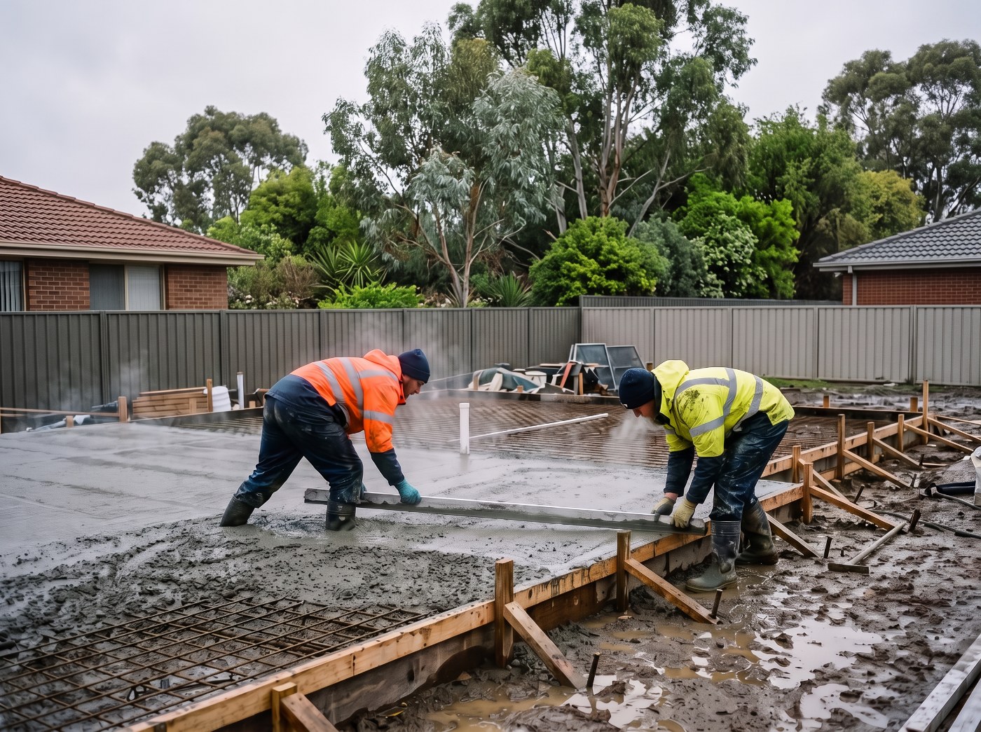 Concreters screeding a house slab on a cold wet Launceston morning