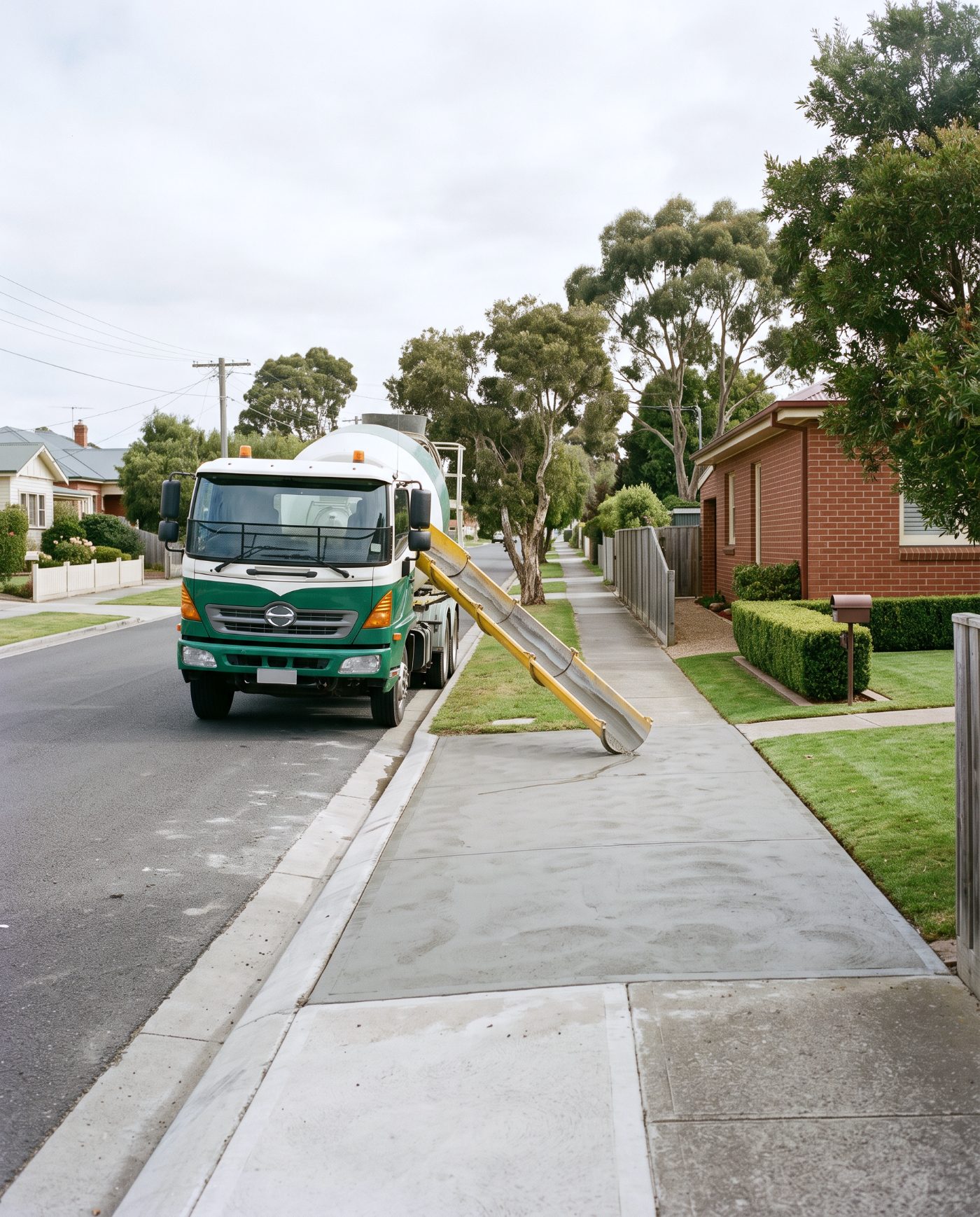 An agitator truck at the kerb with its chute out over a Launceston driveway