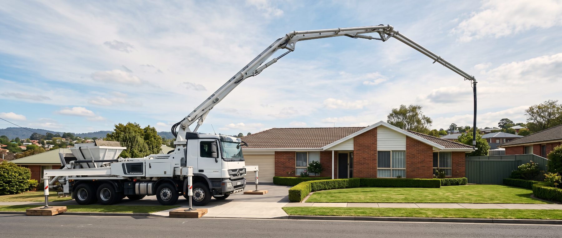A concrete boom pump arm extended over the roofline of a Launceston house