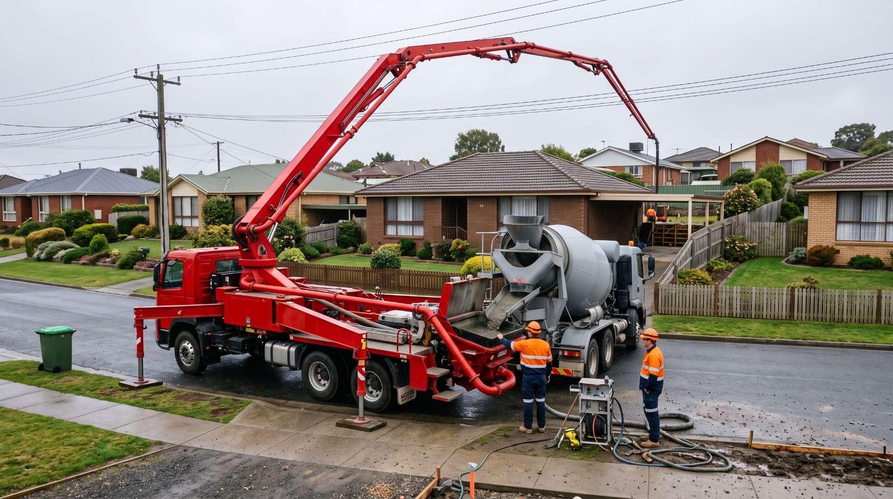 A concrete boom pump reaching over a house to place concrete in a back yard in Launceston