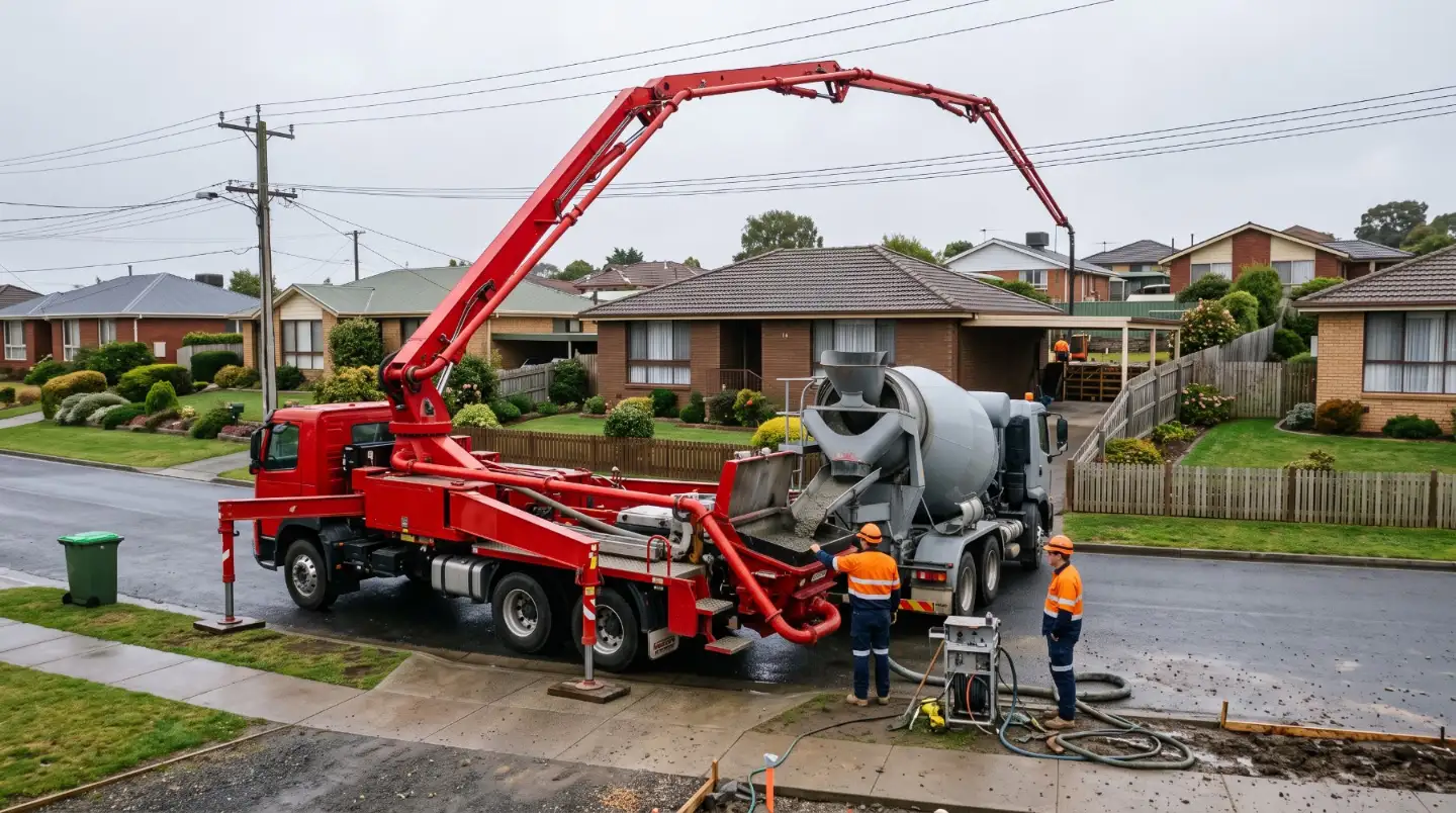 A concrete boom pump reaching over a house to place concrete in a back yard in Launceston