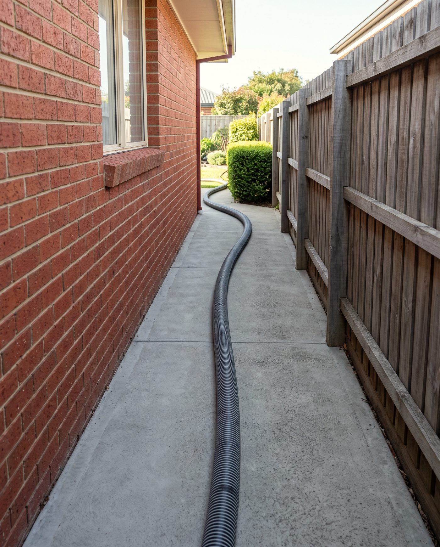 A concrete line pump hose running down a narrow side passage of a Launceston house