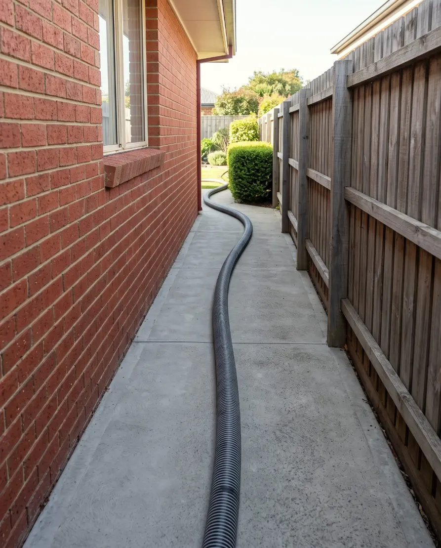 A concrete line pump hose running down a narrow side passage of a Launceston house
