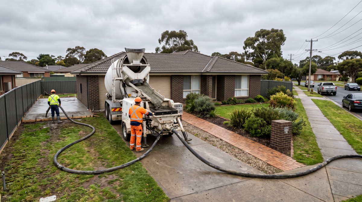 Concrete being fed into the hopper of a line pump on a Launceston job