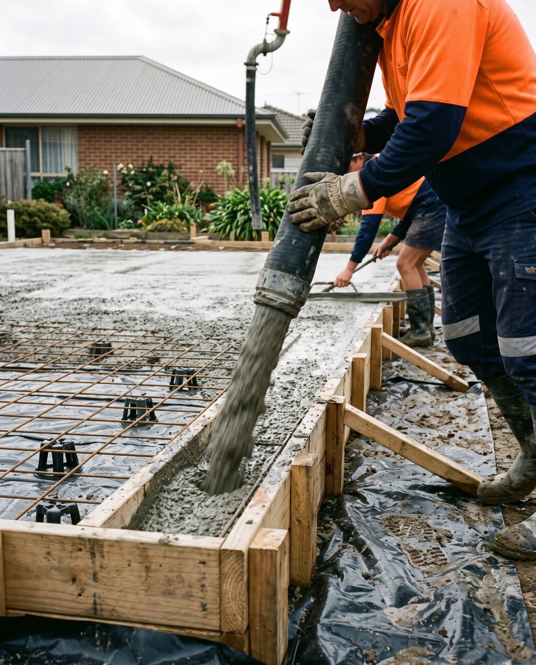 Concrete being placed from a pump hose into formwork with steel mesh in Launceston