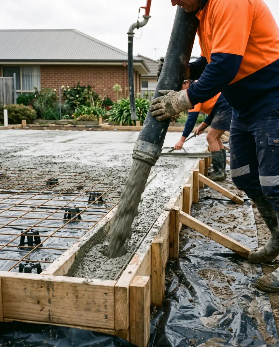 Concrete being placed from a pump hose into formwork with steel mesh in Launceston