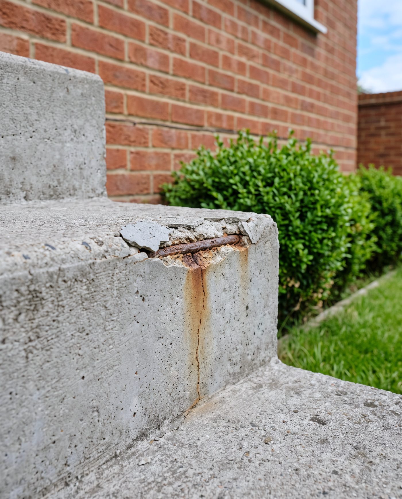 A concrete step edge lifting where the steel below it has begun to rust