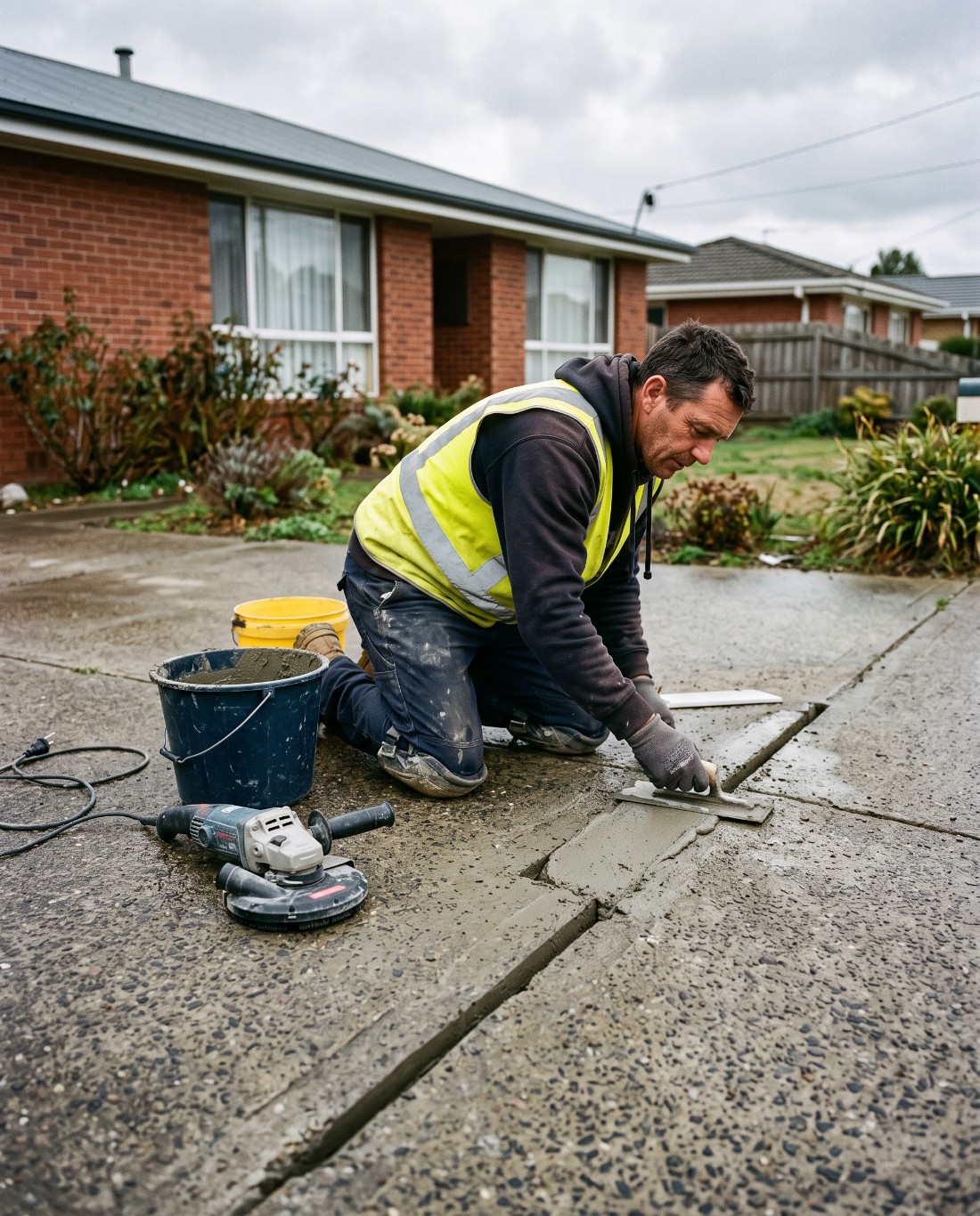 A worker filling a routed-out crack in a concrete driveway in Launceston