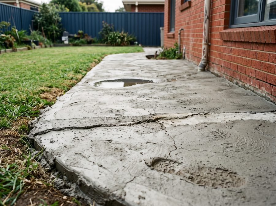 A badly poured DIY concrete path with puddles, boot prints, cracks and an uneven edge