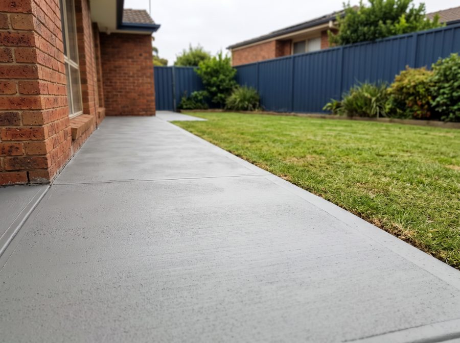 A professionally poured concrete path, flat with an even broom finish, straight edges and a clean saw cut joint
